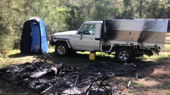 Photos taken by another camper of Russell Hill and Carol Clay's destroyed campsite in the days after they disappeared in the Wonnangatta Valley in March 2020. Picture: Supplied.