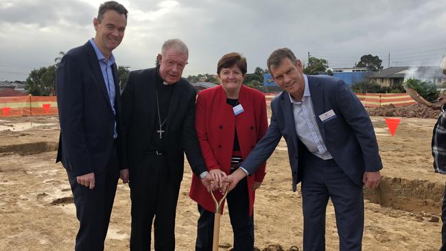 Grindley chief executive Matthew Macauley, bishop Terry Brady, Werriwa federal Labor MP Anne Stanley and Catholic Healthcare managing director David Maher at the sod-turning ceremony in Casula on June 7.