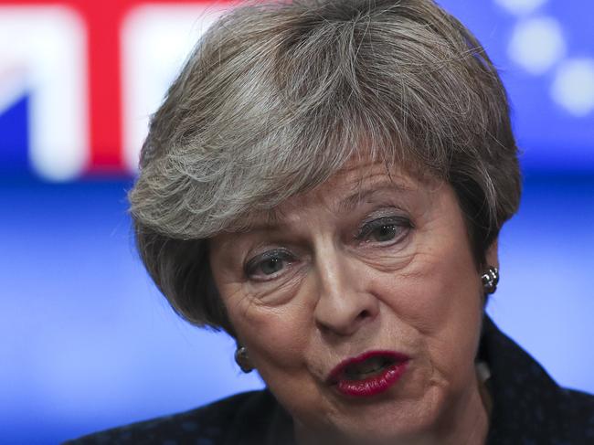 Britain's Prime Minister Theresa May talks to journalists after her meeting with European Council President Donald Tusk at the European Council headquarters in Brussels, Thursday, Feb. 7, 2019. (AP Photo/Francisco Seco)