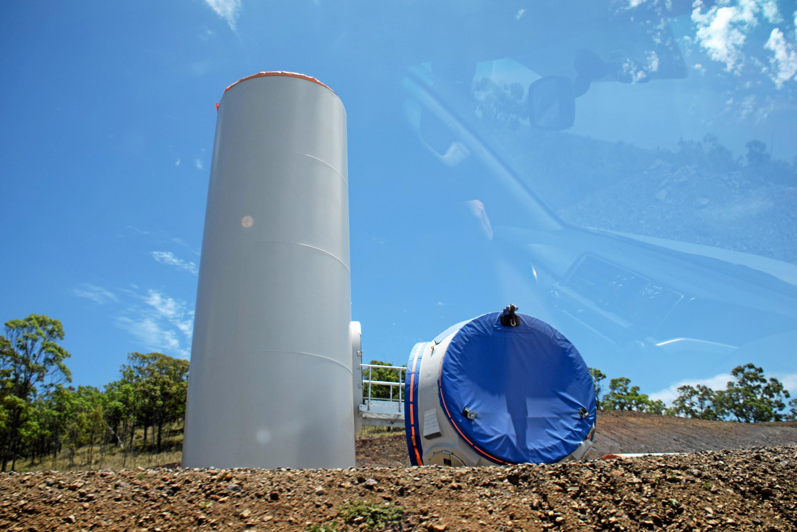 A look at the Coopers Gap wind farm with the completion of the third wind turbine only days away. Picture: Matt Collins