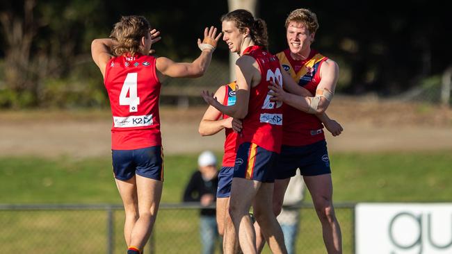 Old Scotch celebrate a goal against Old Xaverians. (Picture: VAFA)