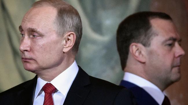 Russian President Vladimir Putin and Prime Minister Dmitry Medvedev, who said Russia will use nuclear strikes on the West if it is forced to give up Ukraine. Picture: AFP