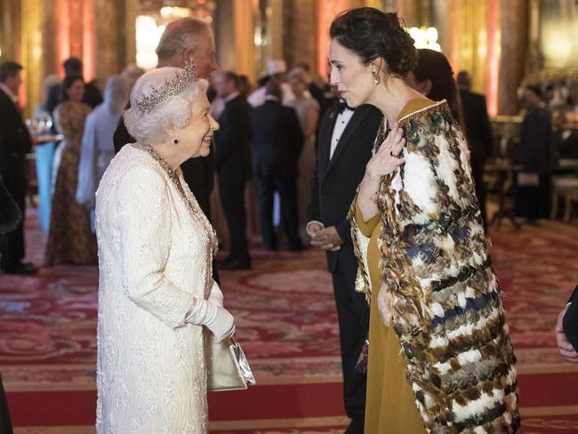 Britain's Queen Elizabeth II, centre, greets New Zealand Prime Minister Jacinda Ardern during the Commonwealth Heads of Government Meeting, in London, Thursday April 19, 2018. Picture: Victoria Jones/Pool Photo via AP.