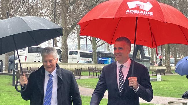 Premier Peter Malinauskas and Australian High Commissioner Stephen Smith at a press conference outside London’s Ministry of Defence on March 17. Picture: Paul Starick