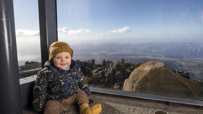 Gus Barnett (9mths) of Hobart at the Pinnacle lookout kunanyi/ Mount Wellington. Picture: Chris Kidd