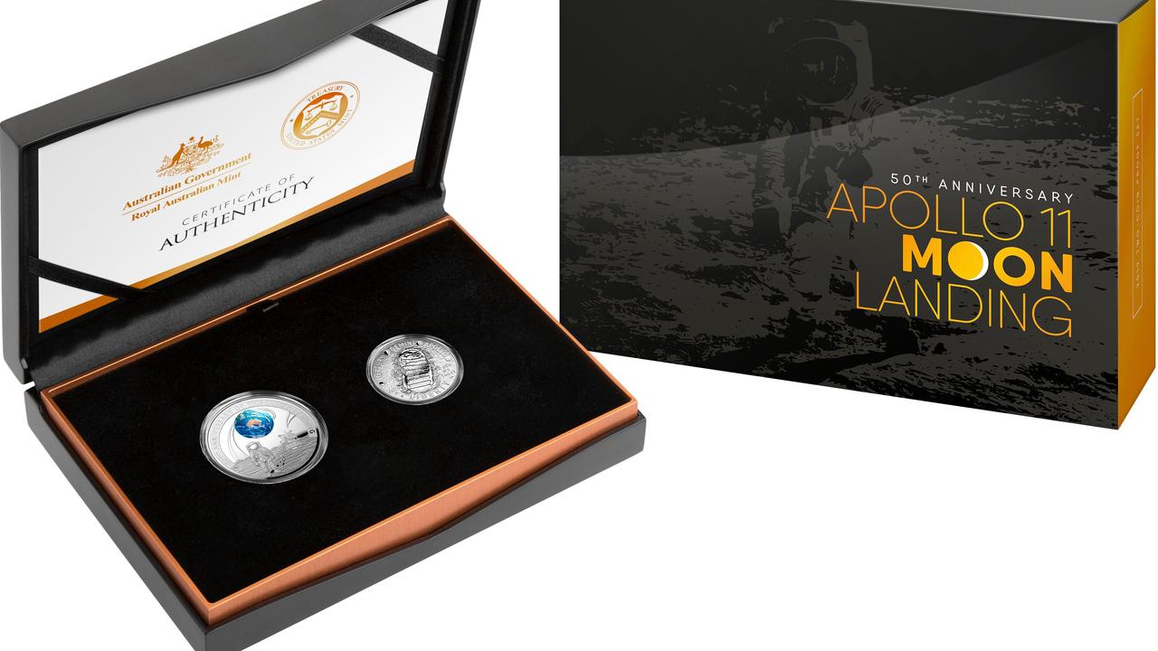 The Royal Australian Mint is celebrating 50 years since the moon landing with the Mint’s first dome-shaped, coloured, nickel-plated coin. It is shown here in a two-coin set with the US version of the coin.