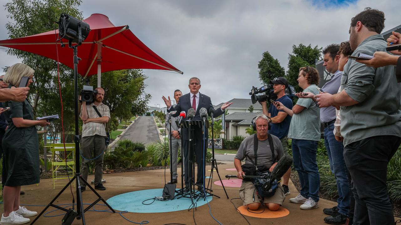 The PM spoke to the media at a press conference following a visit to Springfield Rise Sales &amp; Information Centre Picture: Asanka Ratnayake/Getty Images