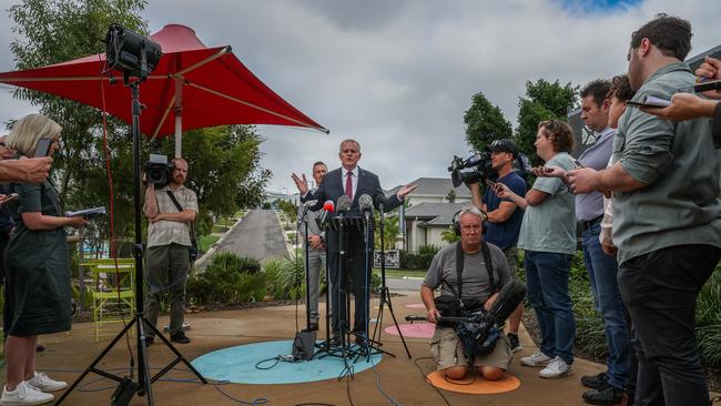 The PM spoke to the media at a press conference following a visit to Springfield Rise Sales &amp; Information Centre Picture: Asanka Ratnayake/Getty Images