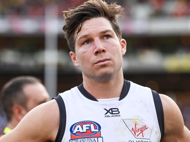 MELBOURNE, AUSTRALIA - SEPTEMBER 28: Toby Greene of the Giants looks dejected after the teams defeat during the 2019 Toyota AFL Grand Final match between the Richmond Tigers and the GWS Giants at the Melbourne Cricket Ground on September 28, 2019 in Melbourne, Australia. (Photo by Daniel Carson/AFL Photos)