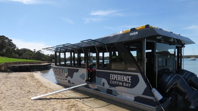 Chris and Linda Hank with their new “pimped up” oyster punt in Coffin Bay. Picture: Emily Jarvis