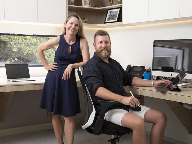 Damian and Anissa Cavanagh run a smart home company, Electronic Living, and have their home office fully set up to benefit from using technology in the home. Picture: Mark Cranitch