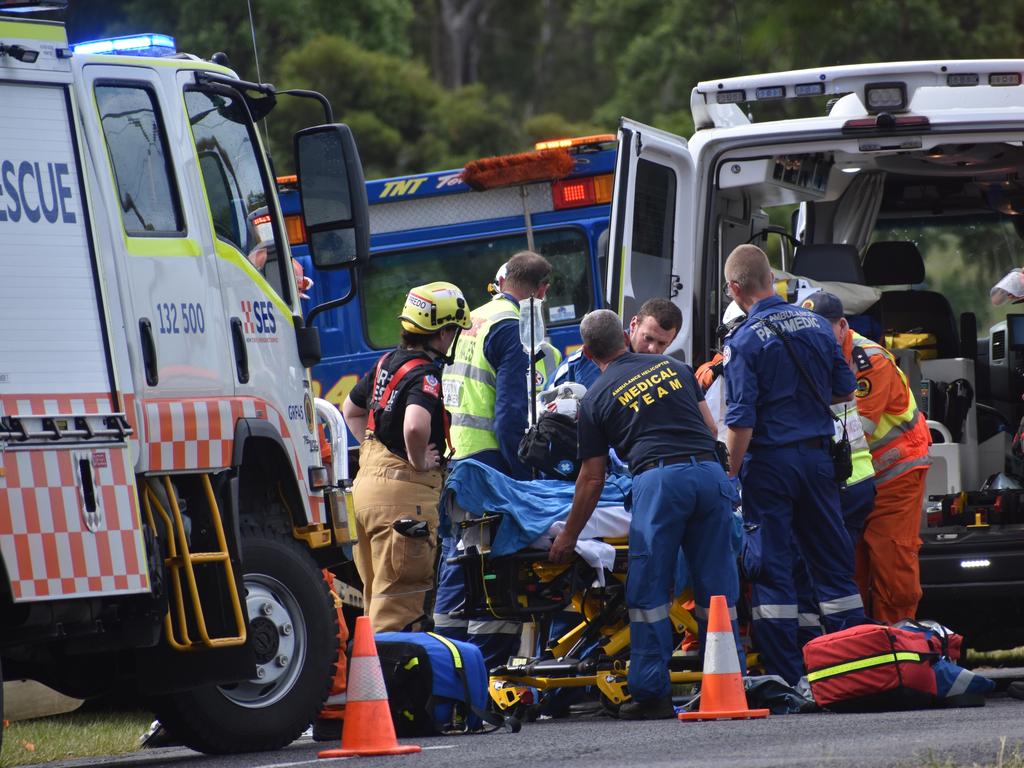 A male driver was rescued from his red sedan Mitsubishi Lancer sedan by emergency services after he crashed into a power pole and sustained serious injuries on Rogans Bridge Rd north of Waterview Heights on Thursday, 18th February, 2021. Photo Bill North / The Daily Examiner