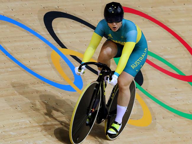 Anna Meares (pictured) and Stephanie Morton in action during the Women's Team Sprint qualifying at the 2016 Rio Olympics at the Rio Olympic Velodrome. Pics Adam Head