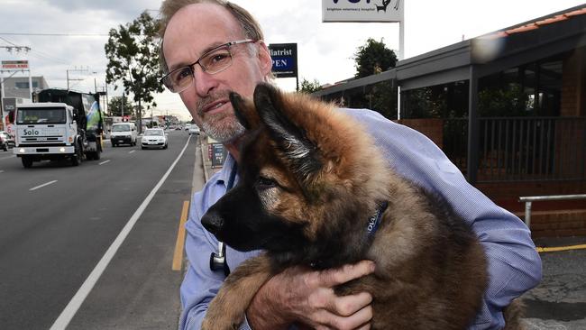 One of the traders who’d like to see the bike lanes gone is Brighton Rd Vet John Calder, pictured here with a 10-week-old client. Picture Campbell Brodie.