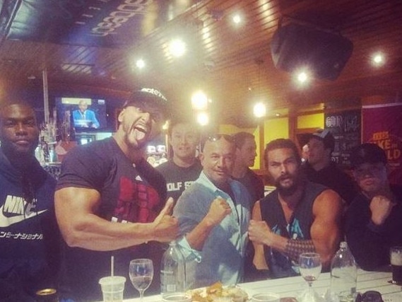 Jason Momoa and his Aquaman castmates watched UFC 212 at the Broadbeach Tavern in June last year while they were filming on the Gold Coast.