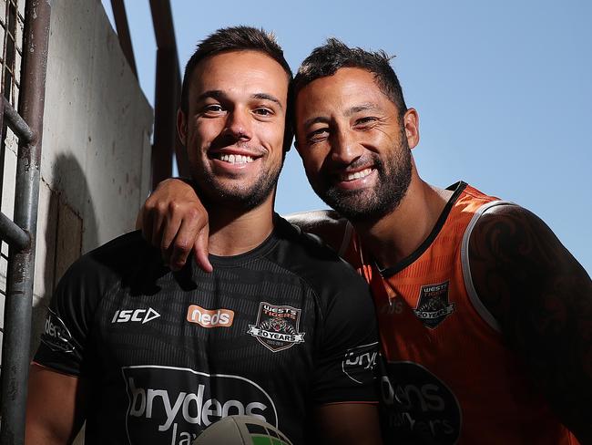 HOLD DO NOT USE WITHOUT PERMISSION FROM DAILY TELEGRAPH SPORTS EDITORS ADAM MOBBS OR TIM MORRISSEY - Luke Brooks and Benji Marshall pose for a portrait during Wests Tigers NRL media day at Concord Oval, Sydney. Picture: Brett Costello