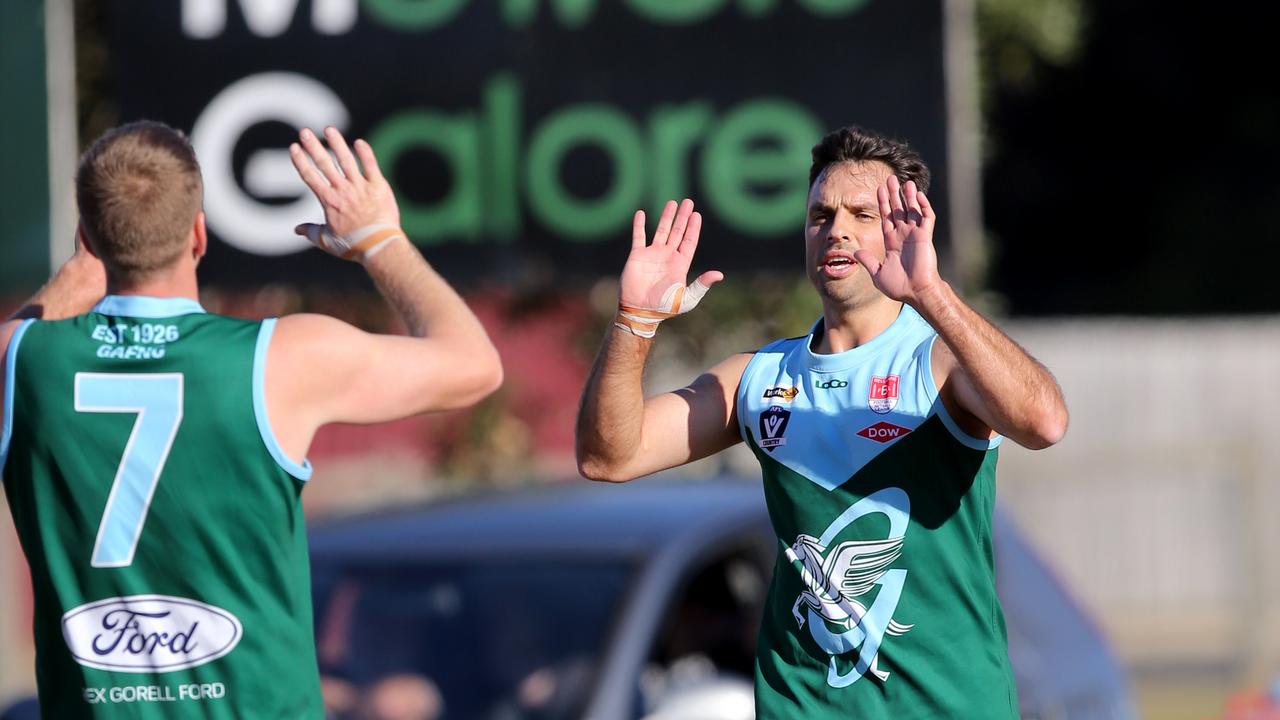 Led by Nick Sing, Portarlington was able to keep Geelong Amateur’s Mitch Day and Sam Lloyd to just one goal between them after quarter time. Picture: Mike Dugdale