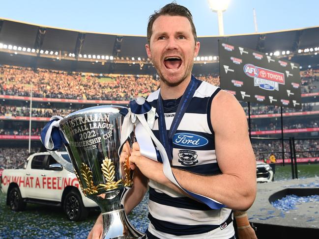 Patrick Dangerfield with the 2022 premiership cup. Picture: Quinn Rooney/Getty Images