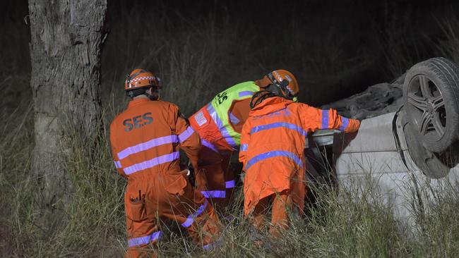 Emergency services at the scene of a fatal single-vehicle crash near Coutts Crossing on July 22, 2021.