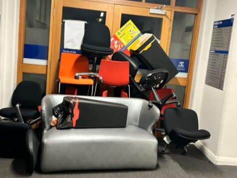 Pro-Palestine protesters blocked the entrance to a second building at Melbourne University. Picture: Instagram