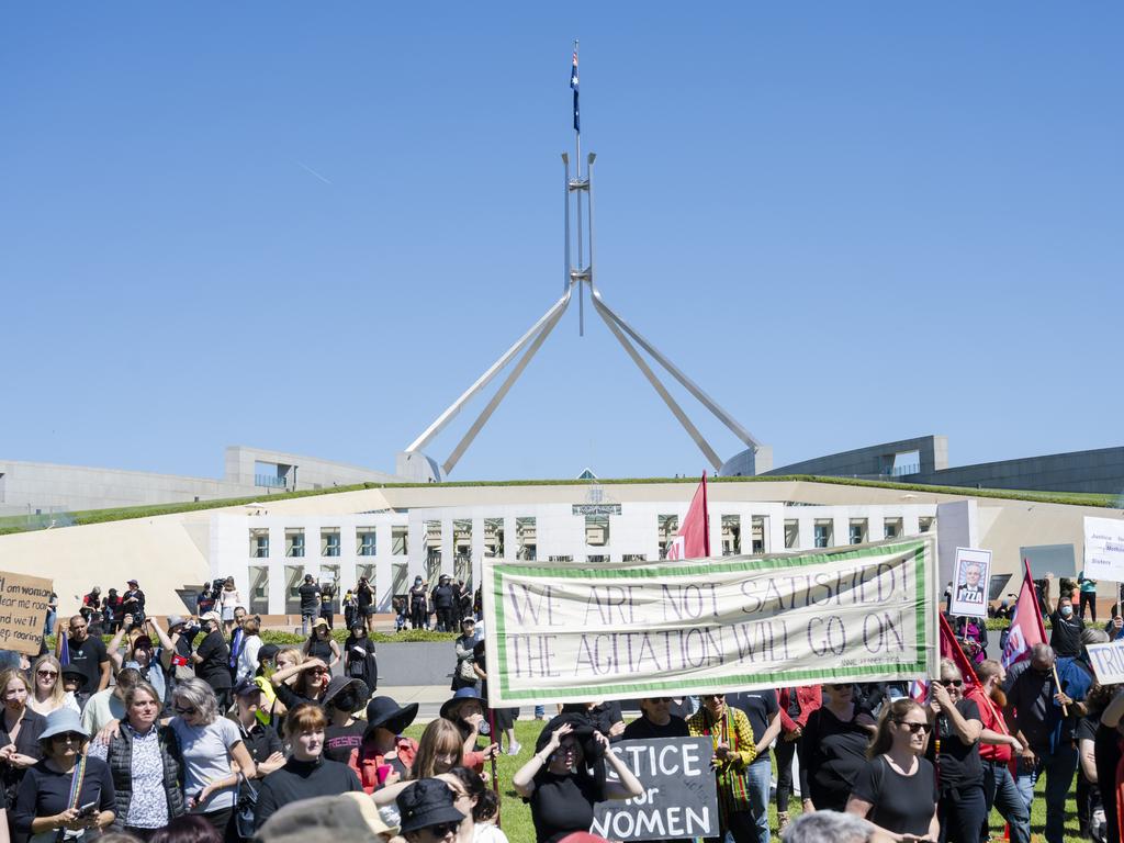 Thousands of protesters attend the Womens March 4 Justice Rally on March 15, 2021 in Canberra. Picture: Jamila Toderas/Getty Images