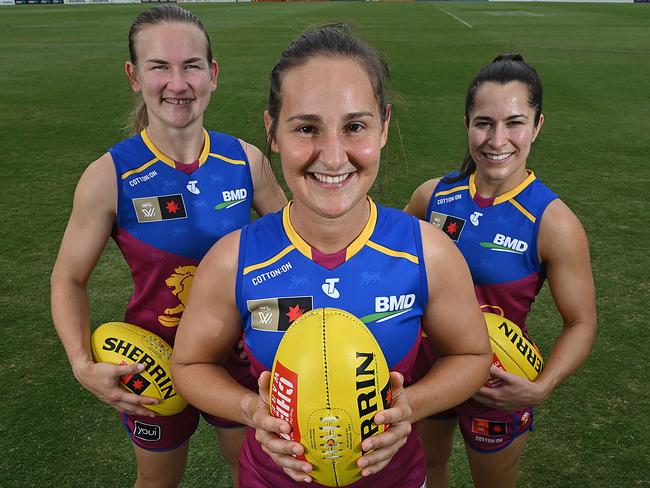 WEEKEND PAPERS ONLY - ,  27/11/2024: Lions players (L-R) Shannon Campbell, Bre Koenen  and  Ally Anderson, all about to play in their 6th grand final   at Brighton Homes Arena , Springfield, Brisbane. Bre Koenen is Brisbane's captain and will play in her sixth AFLW grand final this weekend and was the best on ground in last year's grand final  in Melbourne. pic: Lyndon Mechielsen/Courier Mail