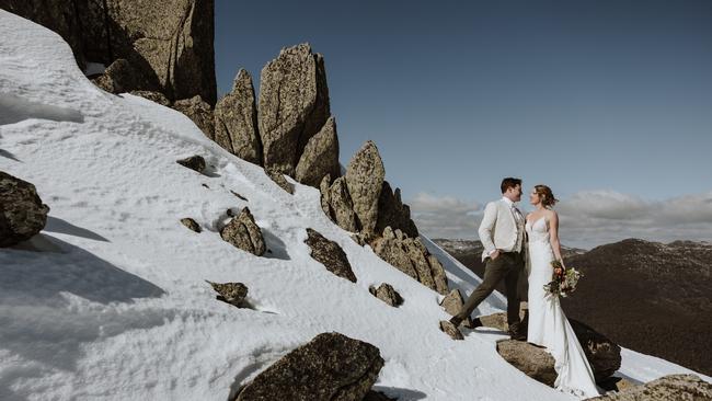 The winter wonderland wedding of Brisbane couple Greg Poole and Georgia Craig. Pictures: Jason Valler