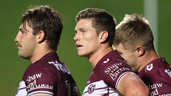 SYDNEY, AUSTRALIA - JULY 08: Reuben Garrick of the Sea Eagles reacts after a Raiders try during the round 17 NRL match between the Manly Sea Eagles and the Canberra Raiders at 4 Pines Park on July 08, 2021, in Sydney, Australia. (Photo by Cameron Spencer/Getty Images)