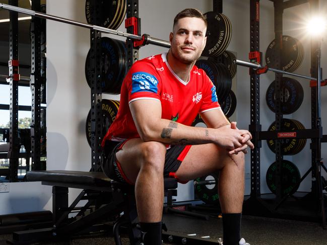 DAILY TELEGRAPH. NRL injury series. Injured Dragons fullback Corey Allan, photographed in the gym at Harold Fraser Oval in Kogarah, after a gym session with the team. Wednesday 07/08/2024. Picture by Max Mason-Hubers