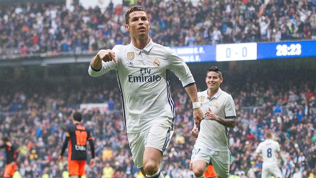 Cristiano Ronaldo of Real Madrid celebrares after scoring Real's opening goal.