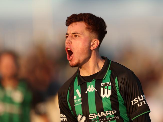 MELBOURNE, AUSTRALIA - APRIL 27: Matthew Grimaldi of Western United celebrates after scoring a goal during the round 28 A-League Men match between Western United and Sydney FC at Ironbark Fields, on April 27, 2025, in Melbourne, Australia. (Photo by Robert Cianflone/Getty Images)