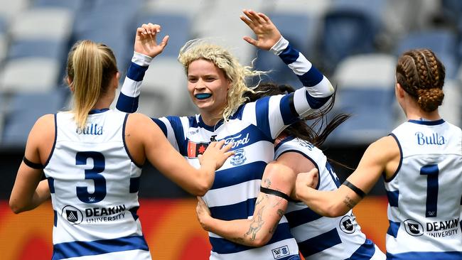 Georgie Prespakis kicked one of Geelong’s seven first-half goals. Picture: Getty Images