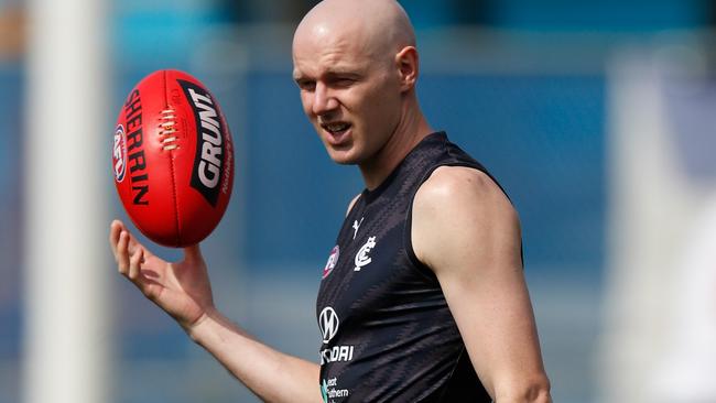 Sam Docherty makes his first appearance at a training session for Carlton. Picture: AFL Photos via Getty Images