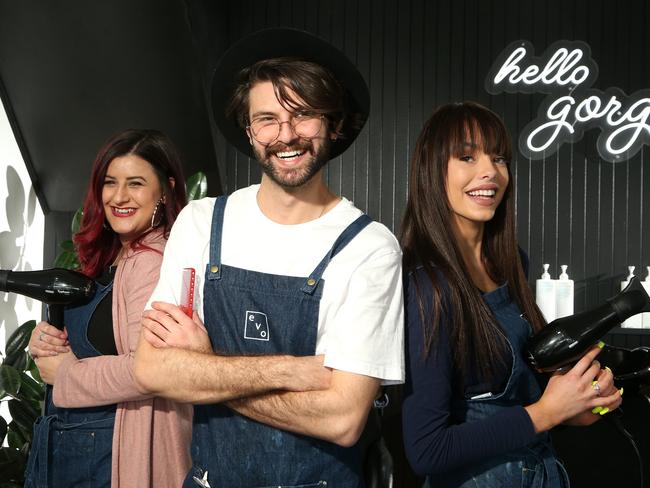 Jorge Gogonis with Lauren Dispenzeri and Mia Hamilton at Komotis.j hairdressing salon, Reservoir. Picture: Hamish Blair