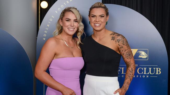 Anne Hatchard, right, with her partner Georgie Wirth at SkyCity for the Crows AFLW Club Champion dinner. Picture: Brenton Edwards