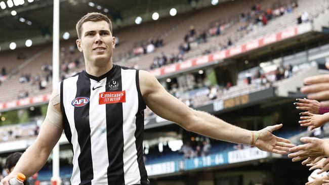 Collingwood favourite Mason Cox fondly remembers watching his first AFL game and eating his first meat pie in Geelong. Picture: Darrian Traynor/Getty Images