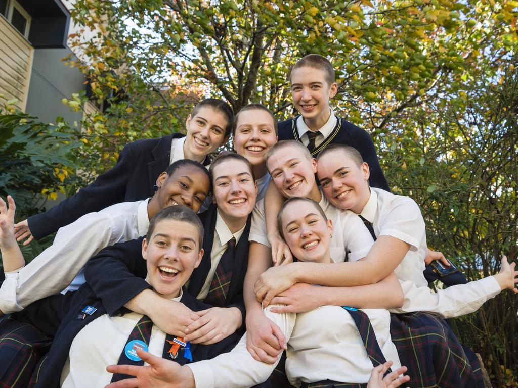 The Fairholme College Year 12 cohort has raised nearly $70,000 with their Shave for a Cure 2023 campaign students who shaved were (back, from left) Lara Palmer, Maeve Toombes, Lilly Biernoff, (middle row, from left) Ruva Maphosa, Amelia O'Dea, Abigail Crocker, Bridie Worland, Isabelle Watts (front, left) and Bianca Wilson (absent is Maddie Seawright). Picture: Kevin Farmer