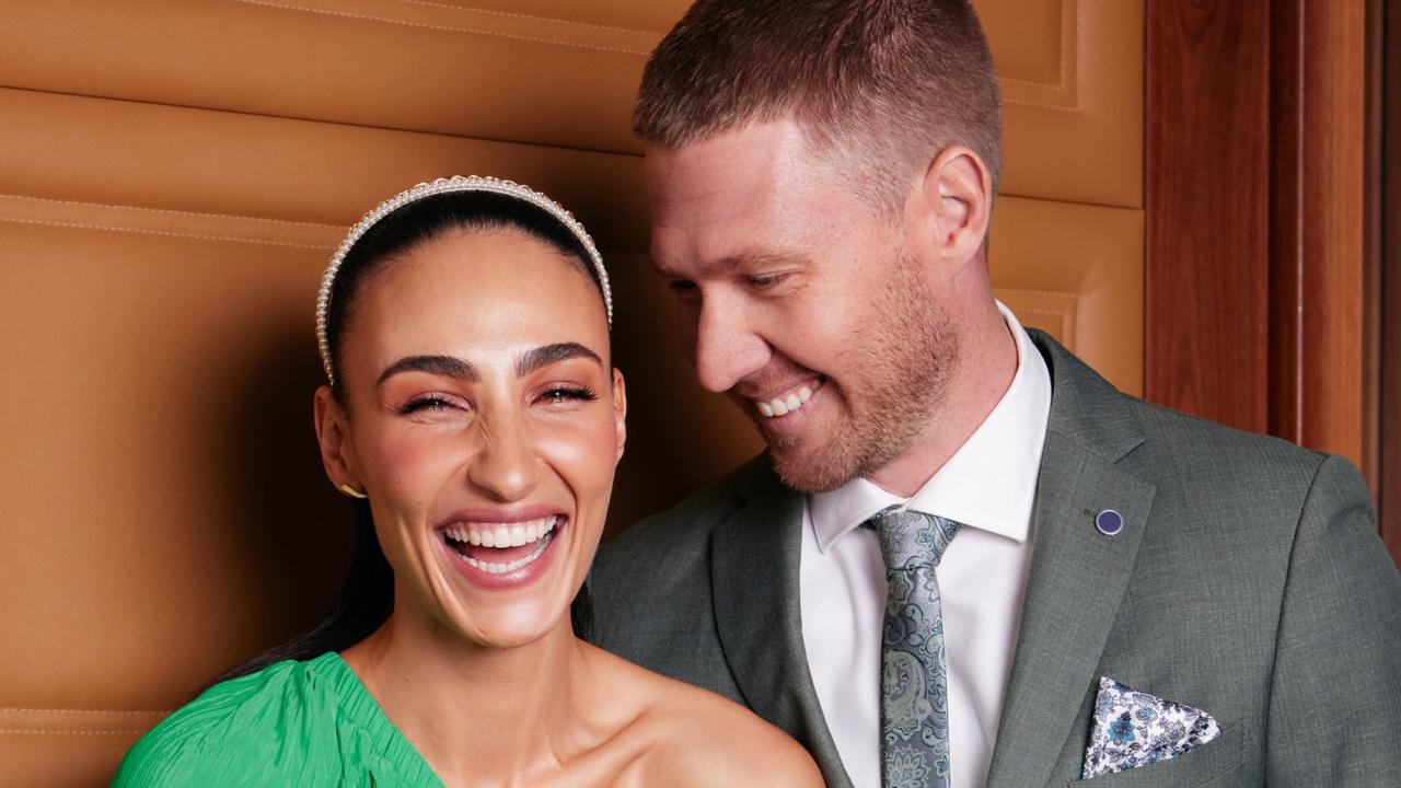 Tayla Damir , with her husband Nathan Broad, is the Myer Fashions on the Field ambassador for the 2022 Melbourne Cup Carnival. Picture: Supplied/Myer/ Danielle Castano Photography.