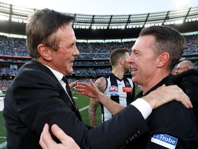 Browne and Craog McRae celebrate the Pies’ 2023 premiership. Picture: Dylan Burns/AFL Photos via Getty Images