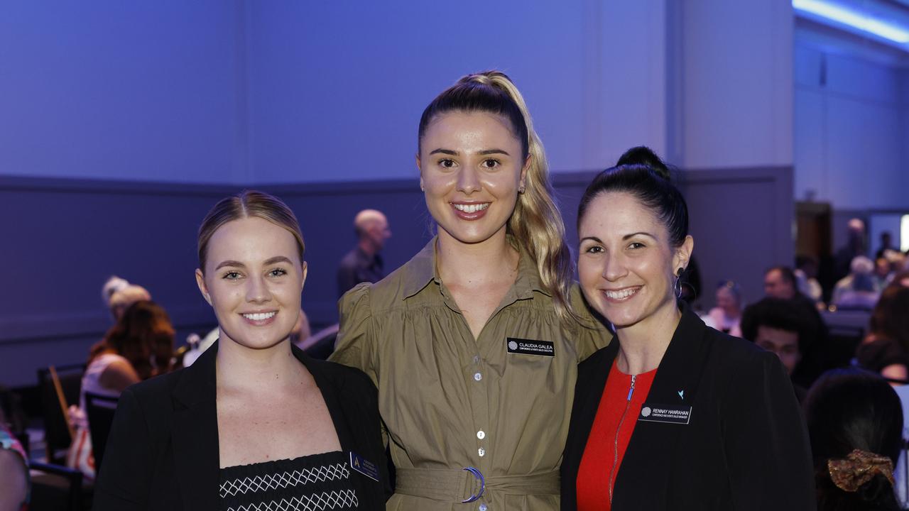 Georgia Roberts, Claudia Galea and Rennay Hanrahan at the Cairns Chamber of Commerce Christmas lunch, held at the Pullman International hotel. Picture: Brendan Radke