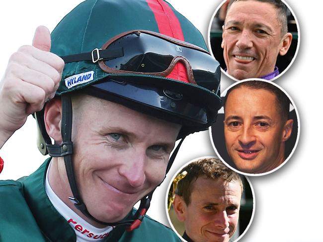 Superstar international jockeys James McDonald (left), Frankie Dettori (top right) Christophe Lemaire (middle right) and Ryan Moore.