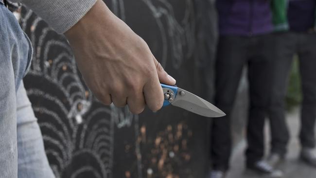 Adolescent threatening a group with a knife.