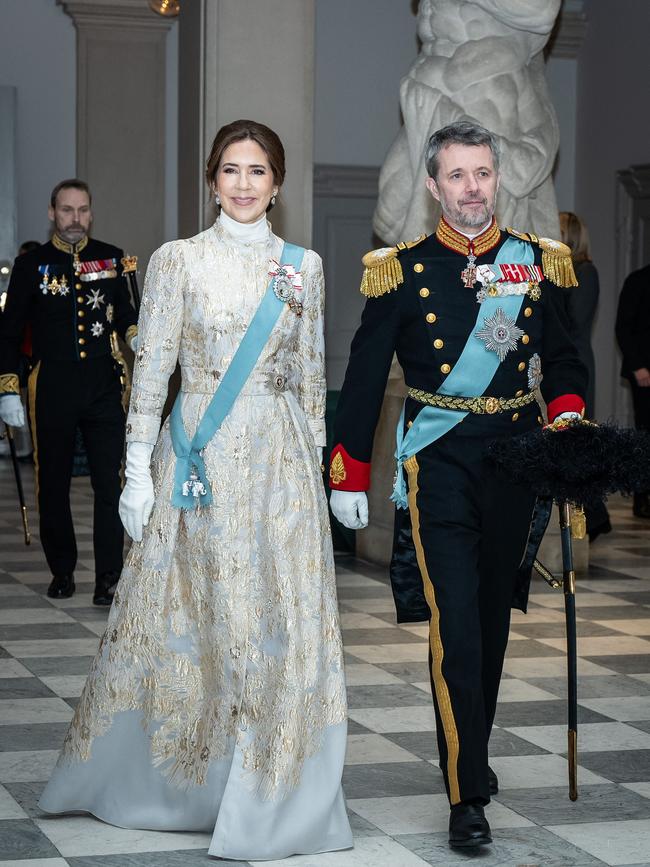 It’s the second time Mary has worn the stunning gown by Teri Jon by Rickie Freeman. Picture: Emil Nicolai Helms / Ritzau Scanpix / AFP