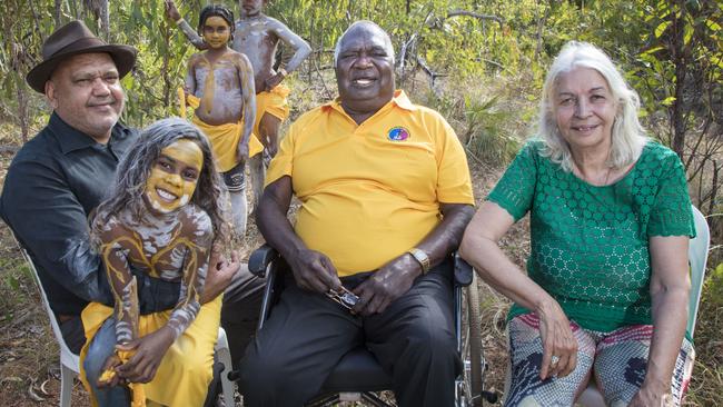 Yunupingu with Noel Pearson and Marcia Langton at Garma in 2018. Picture: Melanie Faith Dove