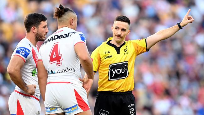 BRISBANE, AUSTRALIA - MAY 16: Tyrell Fuimaono of the Dragons is sent off for an alleged illegal shot on Ryan Papenhuyzen of the Storm during the round 10 NRL match between the Melbourne Storm and the St George Illawarra Dragons at Suncorp Stadium, on May 16, 2021, in Brisbane, Australia. (Photo by Bradley Kanaris/Getty Images)