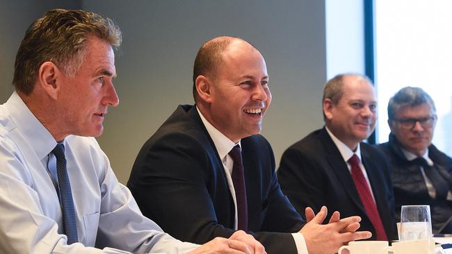 NAB CEO Ross McEwan, Federal Treasurer Josh Frydenberg and Westpac Acting CEO Peter King during coronavirus crisis meeting in earlier in March. Picture: AAP