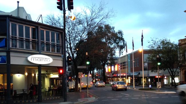 The scene of the hit and run robbery outside popular Manto Cafe, Norwood.