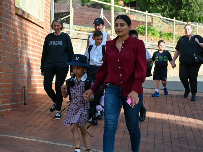 Girton Grammar Bendigo preppie Seerat Dhillon with her mum on her first day of school. Picture: Supplied.