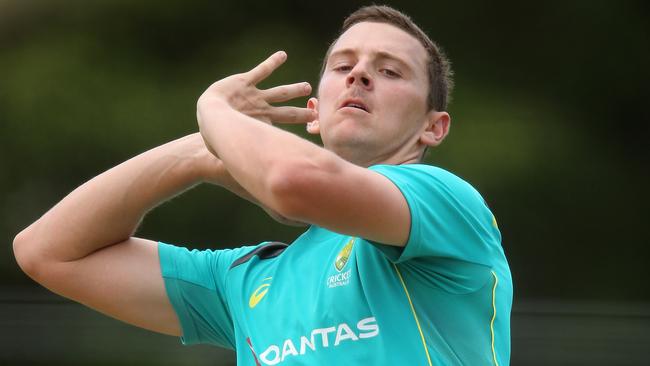 Josh Hazlewood trains at Allan Border Field in Brisbane.