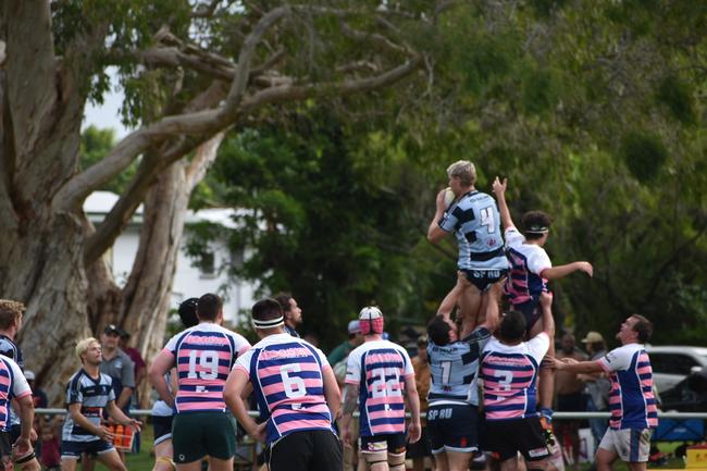 Koia Waitere is successful in securing the ball in the Slade Point Slashers v Moranbah Bulls in Mackay Rugby Union Round 4 Seniors A-Grade Anzac Day clash at Cathy Freeman Oval in Slade Point. Saturday, April 23, 2022. Picture: Max O'Driscoll